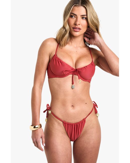 Boohoo Red Sunshine Trim Ruched Tie Side Brief