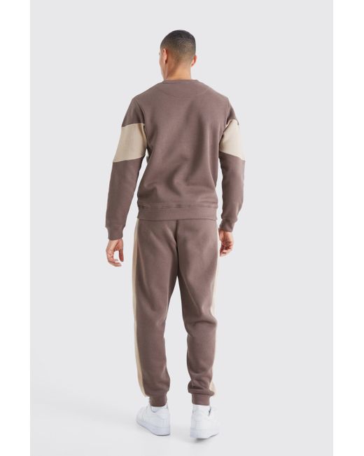 BoohooMAN Man Slim-Fit Colorblock Sweatshirt-Trainingsanzug in Brown für Herren