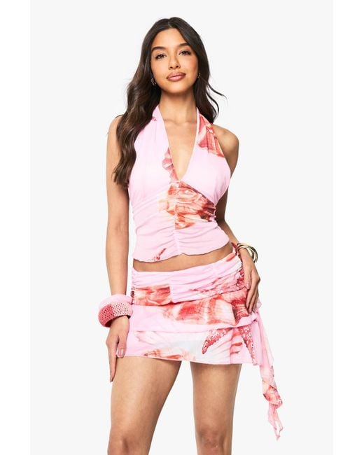 Boohoo Printed Mesh Ruffle Tierred Hem Mini Skirt