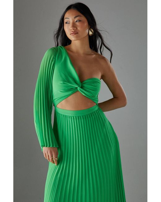 Warehouse Green Petite Chiffon Pleated One Shoulder Cut Out Midi Dress