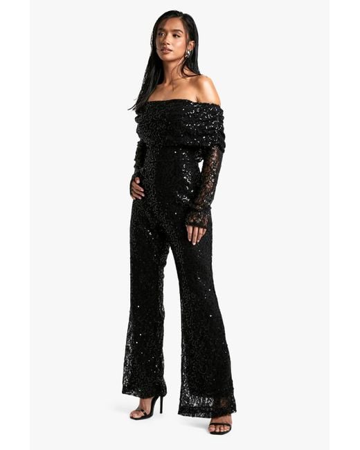 Boohoo Women's Black Petite Bardot Sequin Lace Jumpsuit
