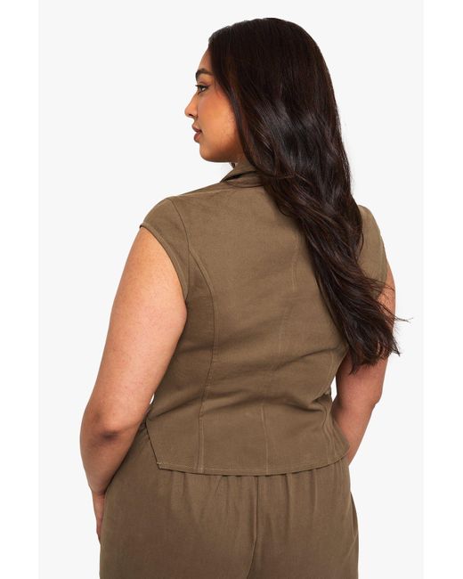 Boohoo Brown Plus Cotton Twill Cap Sleeve Wrap Over Top