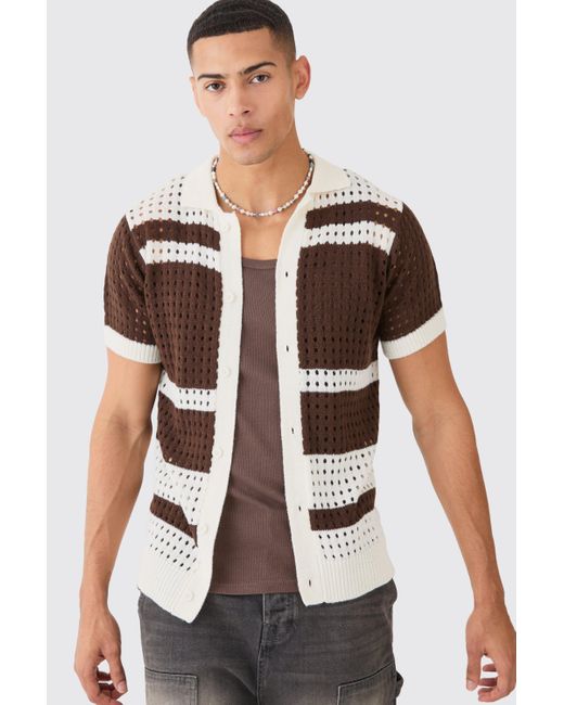 Boohoo White Open Stitch Striped Knitted Shirt In Brown