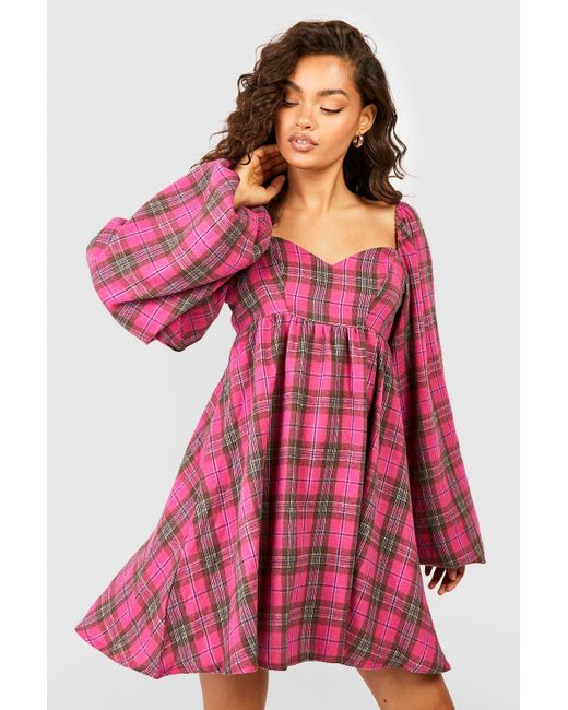 Boohoo Pink Check Puff Sleeve Smock Dress