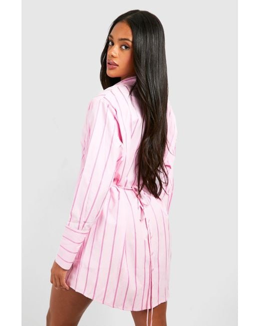 Boohoo Pink Striped Cinched Waist Shirt Dress