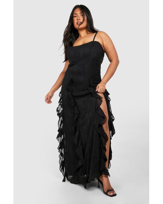 Boohoo Black Plus Woven Jaquard Ruffle Detail Strappy Maxi Dress