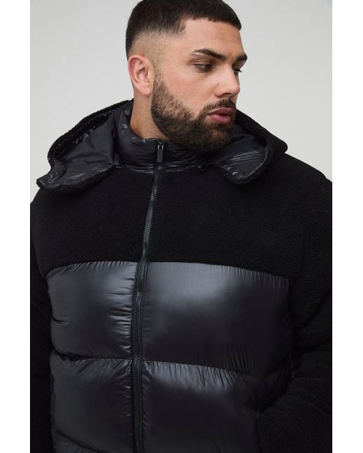 Plus Borg And High Shine Regular Fit Hooded Puffer In Black Boohoo