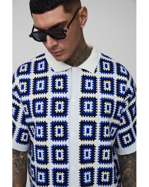 Camisa Tall Oversize Recta De Punto Croché En Blanco Boohoo de color Blue