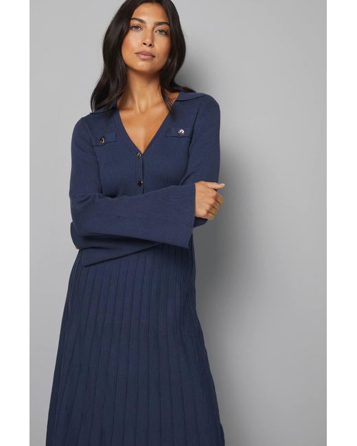 Wallis Blue Statement Button Pleated Knitted Dress