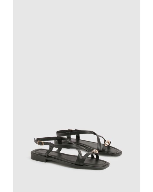 Boohoo Black Hardware Strappy Cross Over Flat Sandals