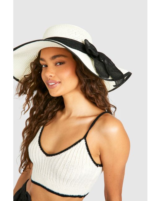 Boohoo White Contrast Trim Bow Detail Summer Hat