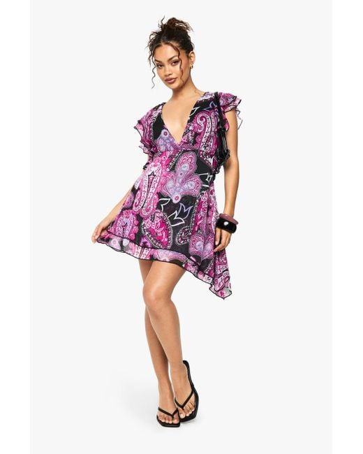 Boohoo Women's Red Paisley Ruffle Detail Lace Trim Mini Dress