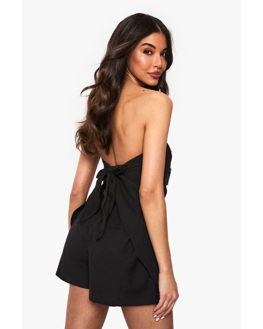 Boohoo Black Linen Ruched Bandeau Skort Playsuit