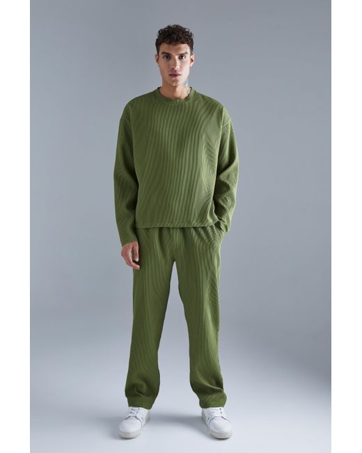BoohooMAN Langärmliges kastiges Oversize T-Shirt & Hose mit geradem Bein in Green für Herren