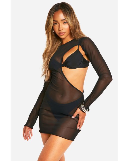 Boohoo Black Cutout Mesh Mini Beach Dress