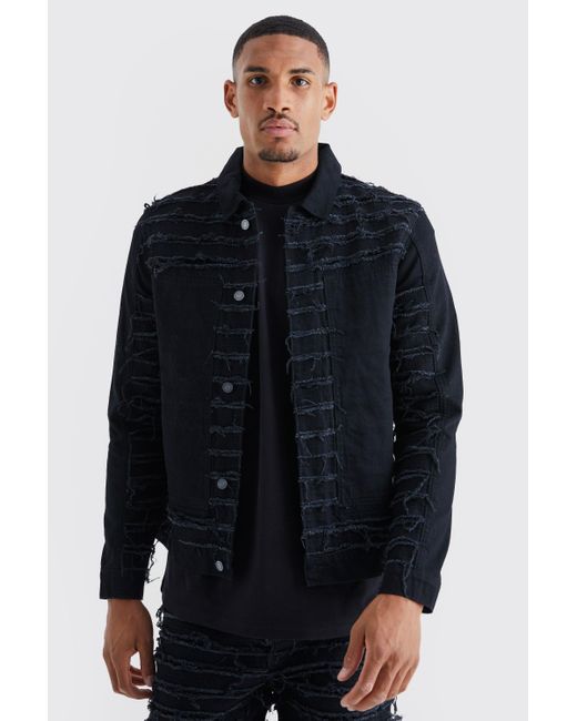 BoohooMAN Blue Tall All Over Distressed Denim Jacket for men
