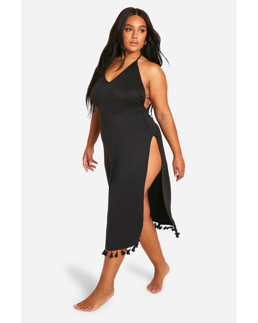 Boohoo Black Plus Tassel Hem Split Beach Dress