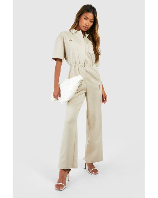Boohoo Natural Cargo Woven Utility Jumpsuit