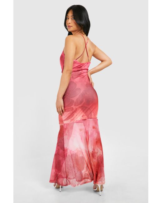 Boohoo Petite Blurred Abstract Floral Mesh Maxi Dress