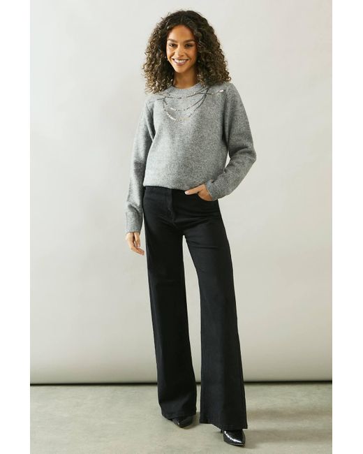 Wallis Gray Sequin Necklace Detail Sweater