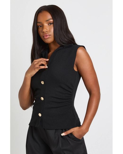 Boohoo Black Ribbed Button Cap Sleeve Top