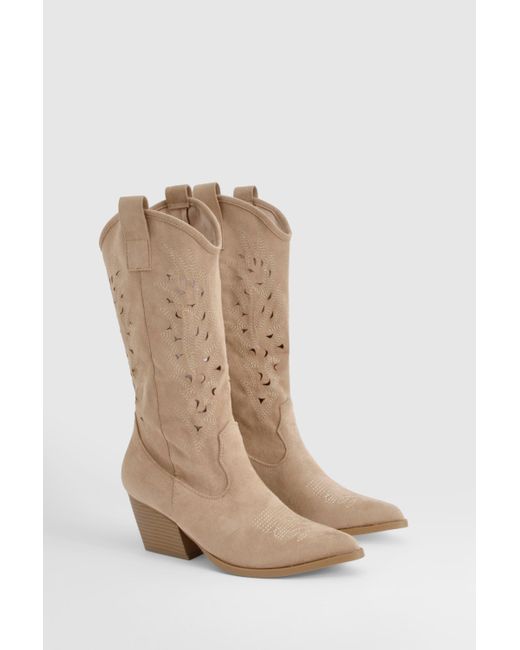 Boohoo Natural Cut Out Detail Knee High Western Boots
