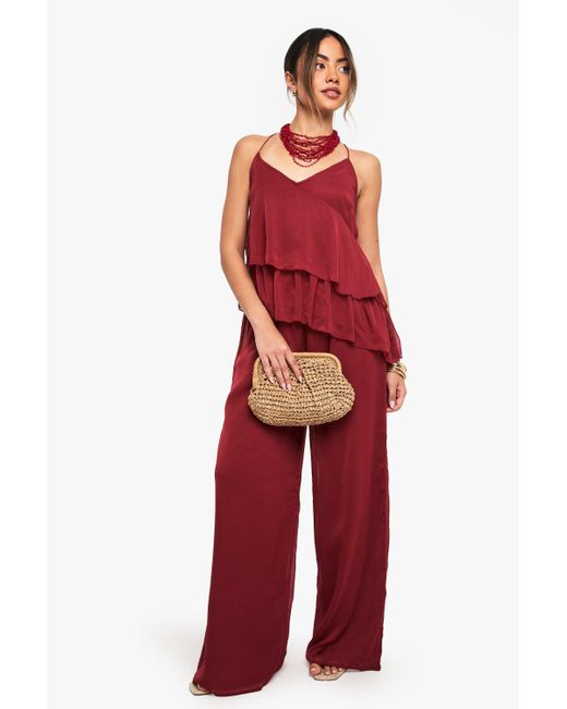 Camisola De Tela Doble De Chifón Fruncido Con Volante Boohoo de color Red