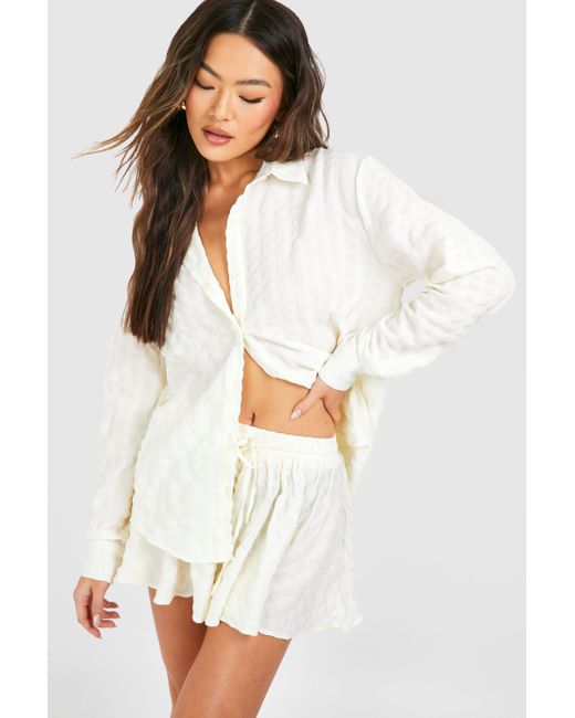 Boohoo White Textured Relaxed Fit Shirt & Flared Shorts