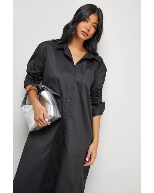 Warehouse Black Oversized Side Split Midi Shirt Dress