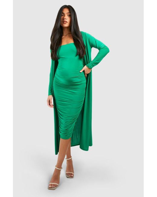Boohoo Green Maternity Square Neck Ruched Duster Dress Set