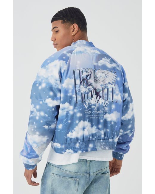 Boohoo Blue Boxy Cloud Print Satin Bomber With Embroidery
