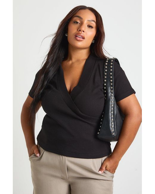 Boohoo Black Plus Wrap Detail Plunge Top