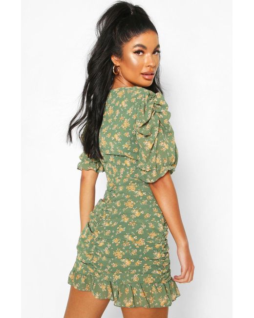 floral ruched mini dress