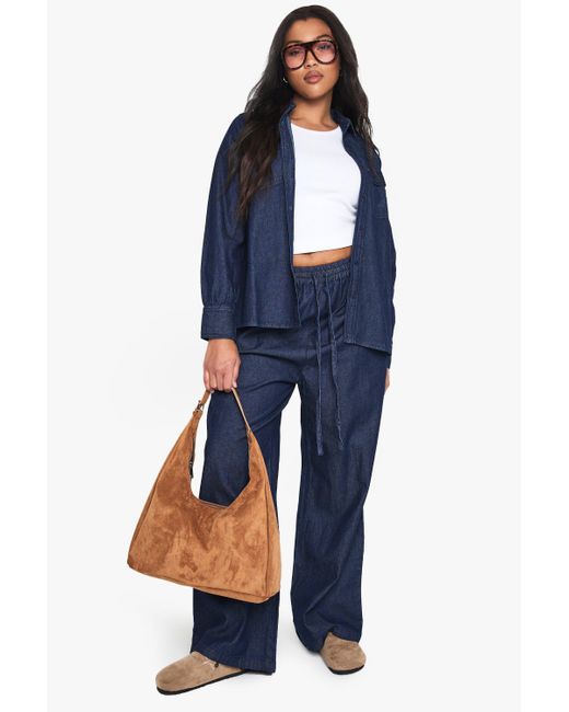 Boohoo Blue Plus Chambray Drawstring Wide Leg Trouser