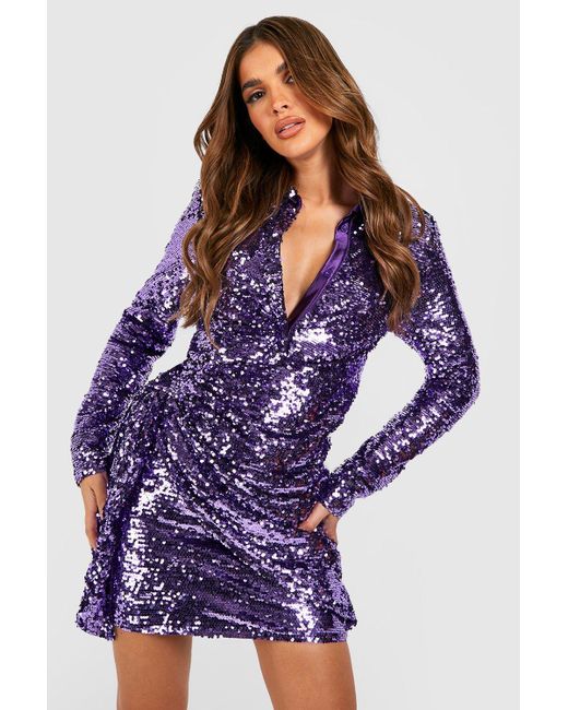 Boohoo Sequin Drape Shirt Party Dress in Purple | Lyst