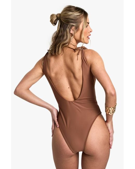 Boohoo Brown Feather Charm Backless Bathing Suit