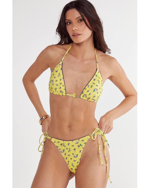 Nasty Gal Yellow Ditsy Floral Picot Trim Triangle Bikini