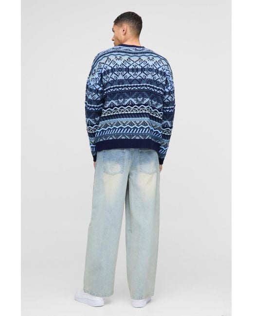 BoohooMAN Blue Oversized Vintage Textured Knitted Jumper for men