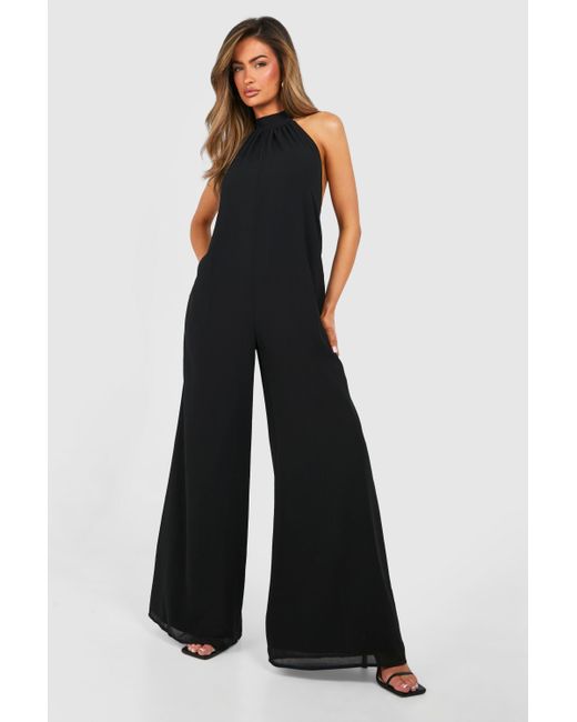 Boohoo Blue Halterneck Chiffon Jumpsuit