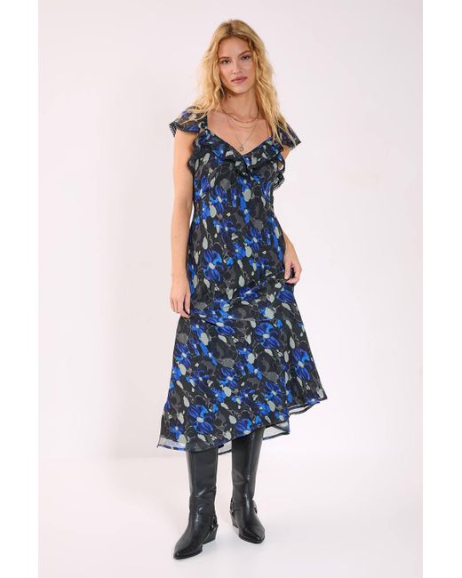 Nasty Gal Blue Floral Chiffon Lace Trim Cap Sleeve Maxi Dress