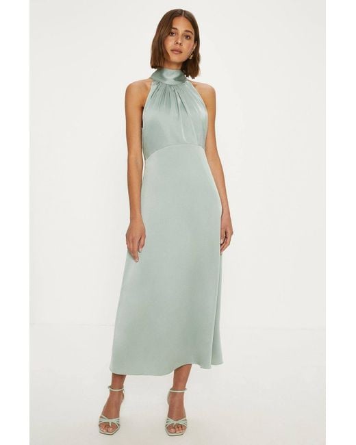 Oasis Green Satin Halter Neck Midi Bridesmaid Dress
