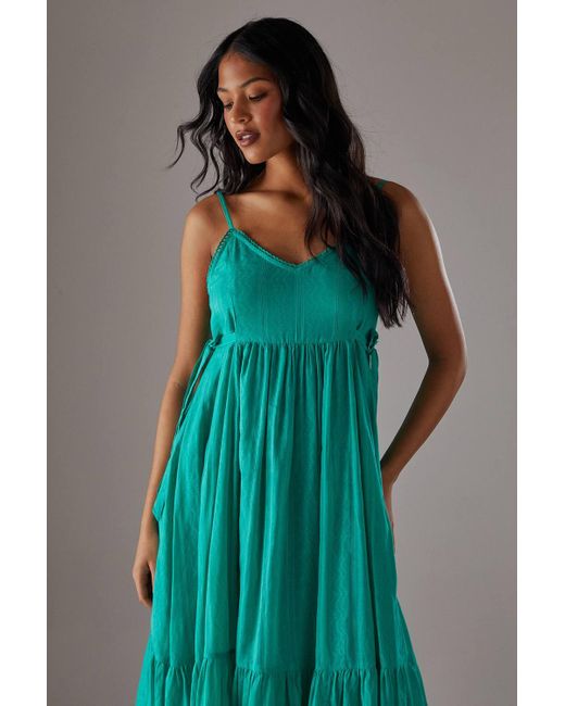 Warehouse Green Cotton Dobby Strappy Tie Waist Midi Sundress