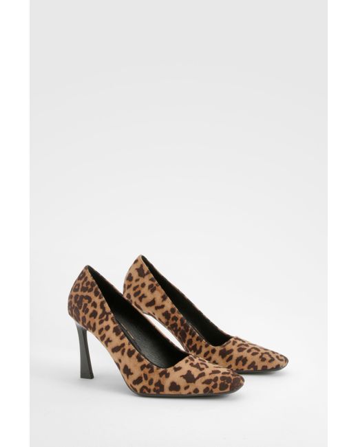 Boohoo White Leopard Square Heel Court Heels