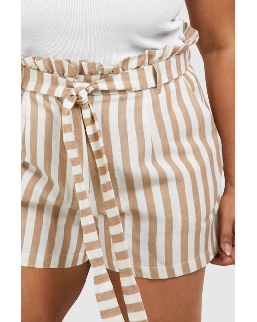 Plus Linen Look Striped Paperbag Waist Shorts Boohoo de color White