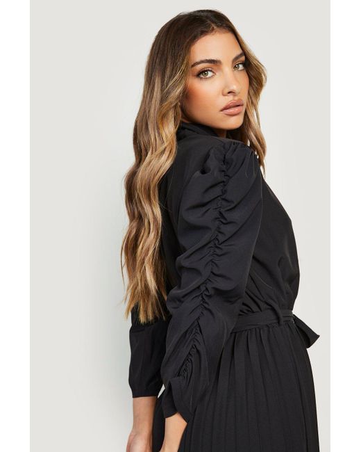 Boohoo Puff Sleeve Pleated Skirt Midi 