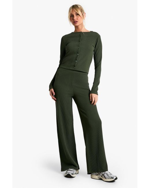 Boohoo Green Rib Cardigan And Wide Leg Trouser Co-Ord