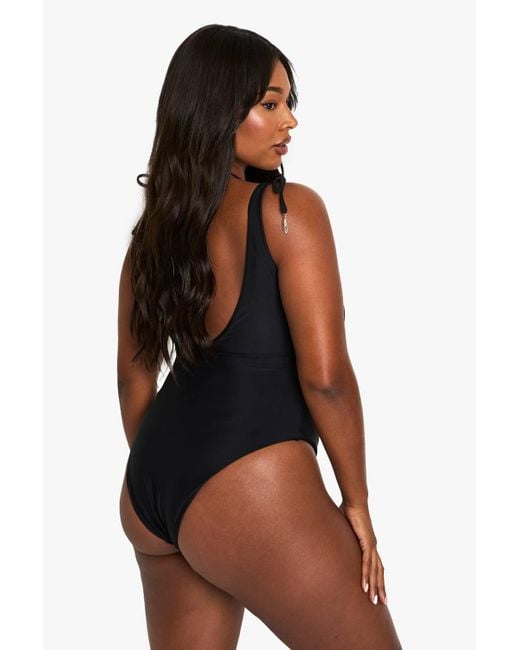 Boohoo Black Plus Feather Charm Backless Swimsuit