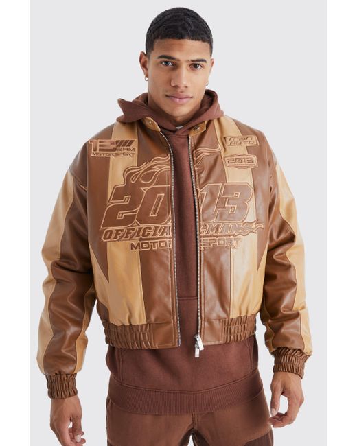 BoohooMAN Brown Boxy Pu Panelled Applique Moto Jacket for men