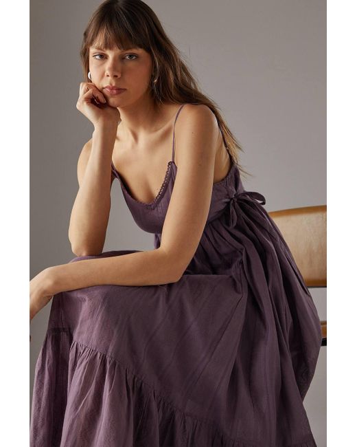Warehouse Brown Cotton Dobby Strappy Tie Waist Midi Sundress