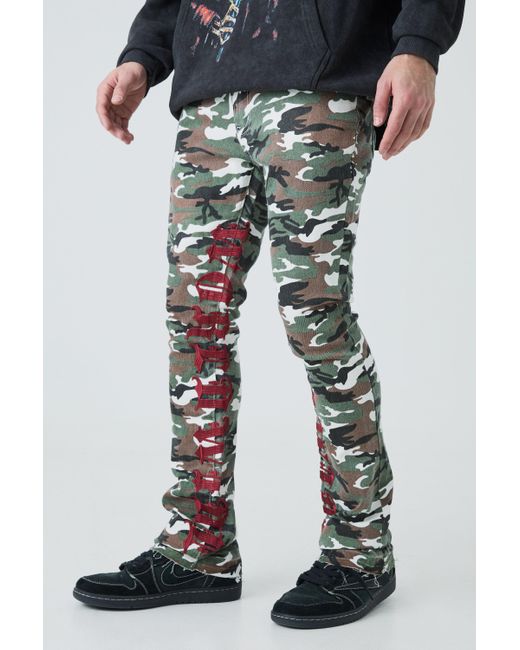 BoohooMAN Black Skinny Stretch Stacked Camo Embroidered Gusset Jeans for men